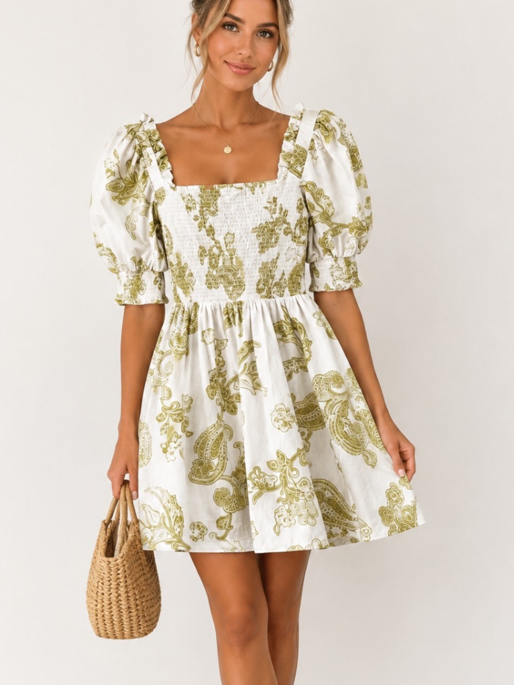 1.STATE White Lime Puff Sleeve Paisley Smocked Mini Sundress White Green Large